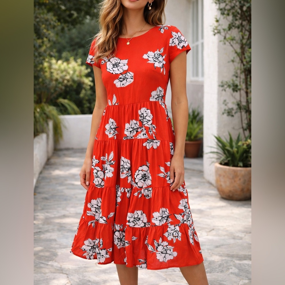 Free People Red Floral Tiered Midi Dress XS Boho Open Back Summer Festival